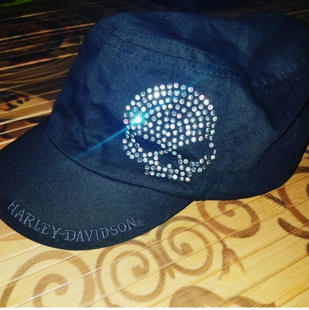Black and rhinestone Harley Davidson flat top hat